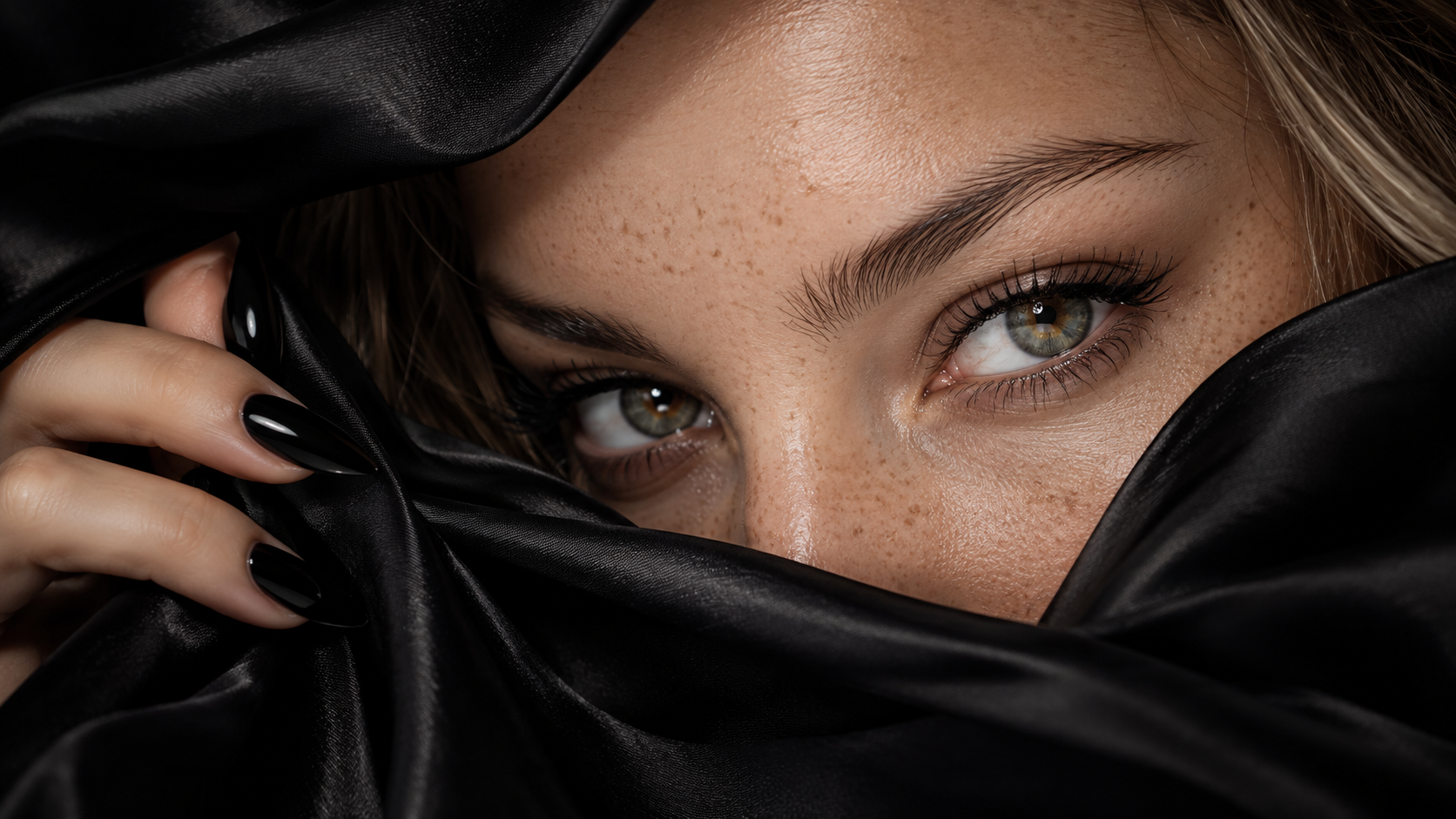 Detalle de una mirada entre seda negra