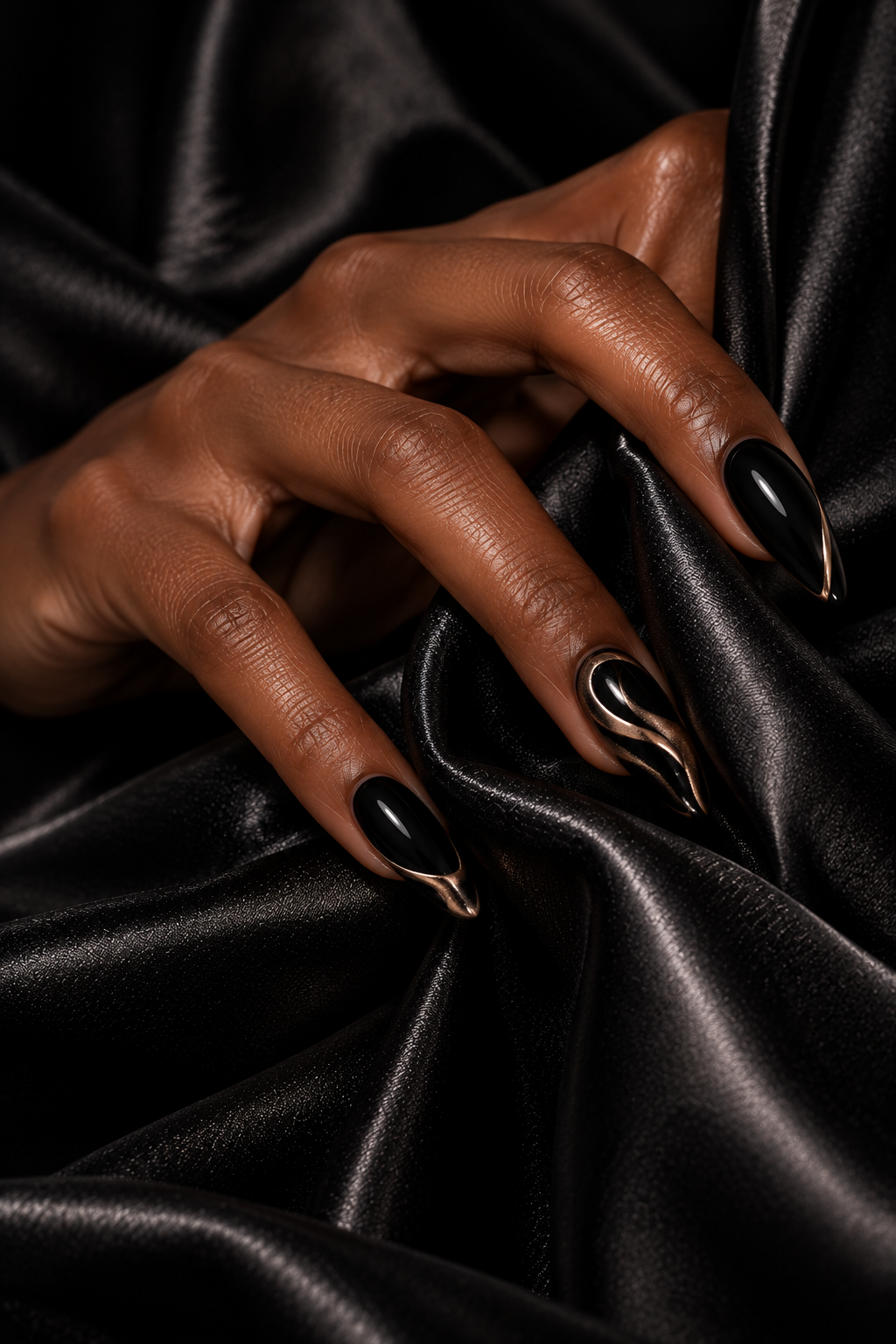 Mano de piel oscura con uñas negras y detalles dorados