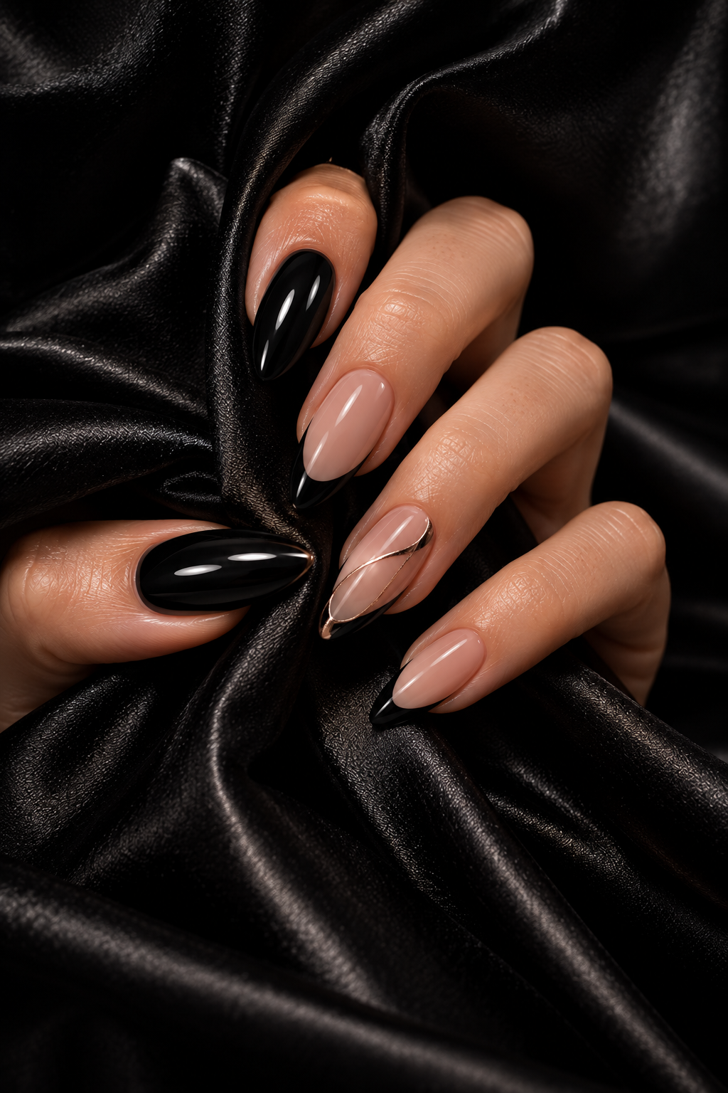 Diseño de uñas negras y nude entre seda
